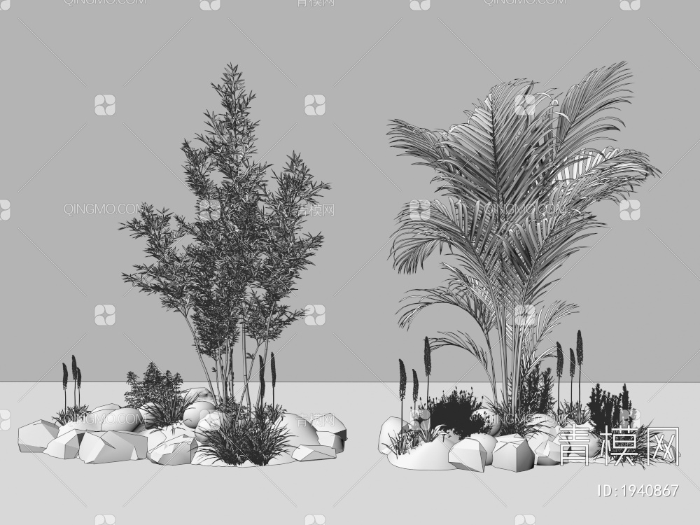 室内组团小景  植物堆 球形灌木 苔藓球  带花灌木植物组合3D模型下载【ID:1940867】