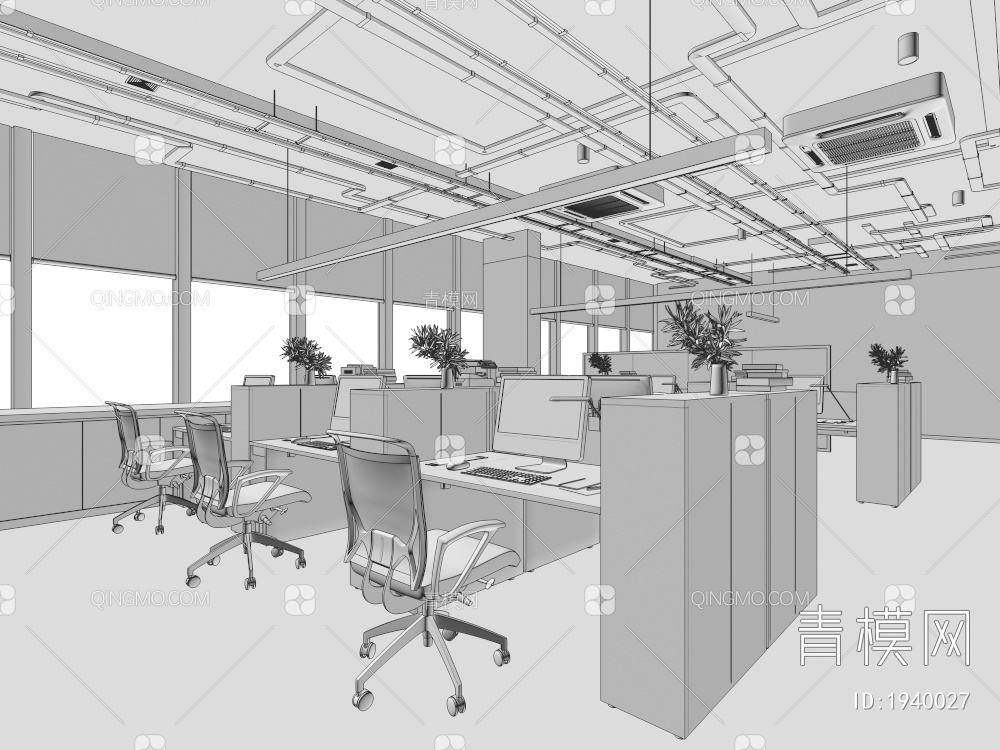 办公室办公区，办公桌椅，电脑桌，办公卡座工位，通风管道吊顶3D模型下载【ID:1940027】