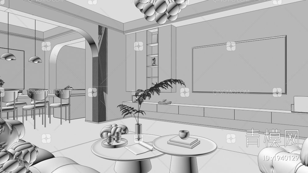 客餐厅，奶油风客餐厅，客餐厅，背景墙3D模型下载【ID:1940129】