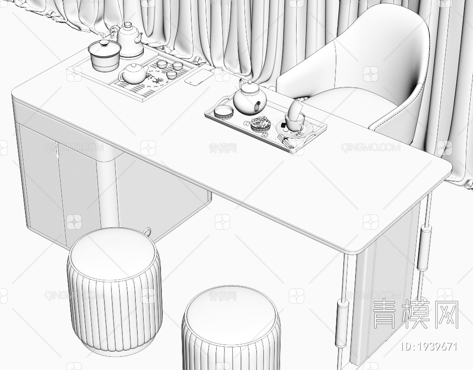 大理石茶桌椅组合 茶室 大理石茶桌 茶台 岩板泡茶桌 品茶区 茶盘茶具3D模型下载【ID:1939671】