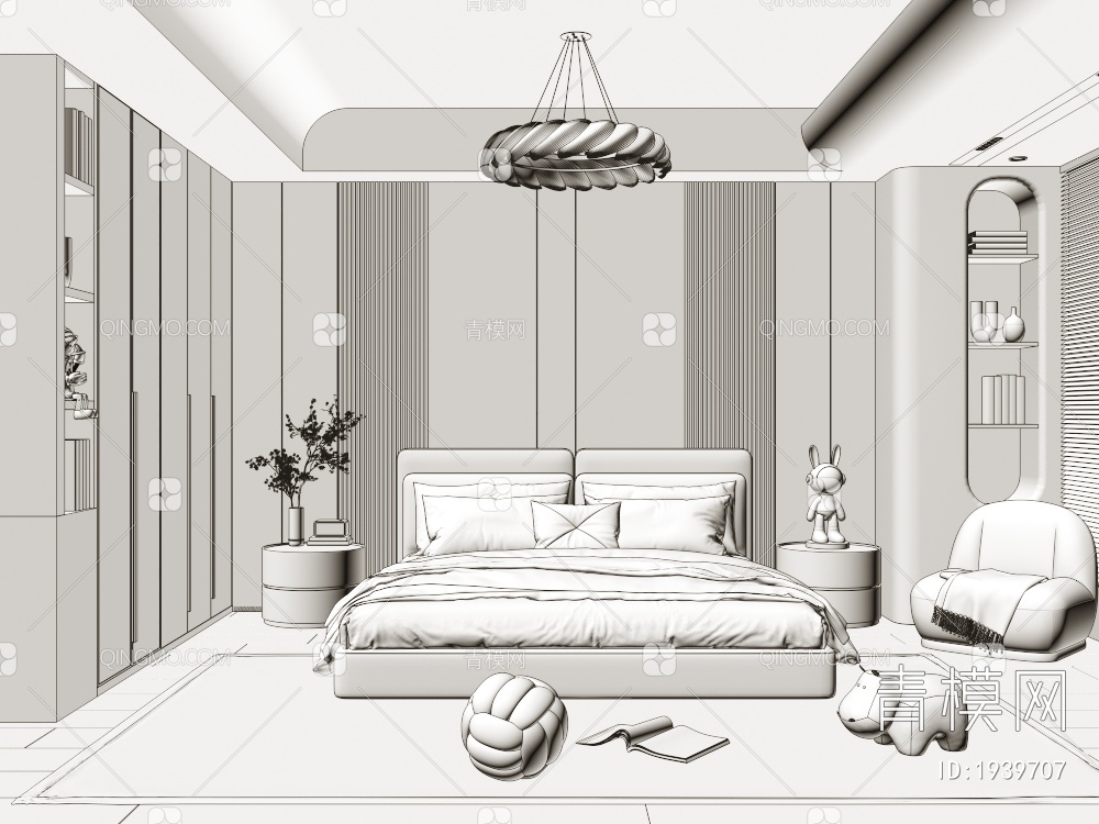 卧室 布艺双人床 床头柜 装饰画 书籍摆件 窗帘3D模型下载【ID:1939707】