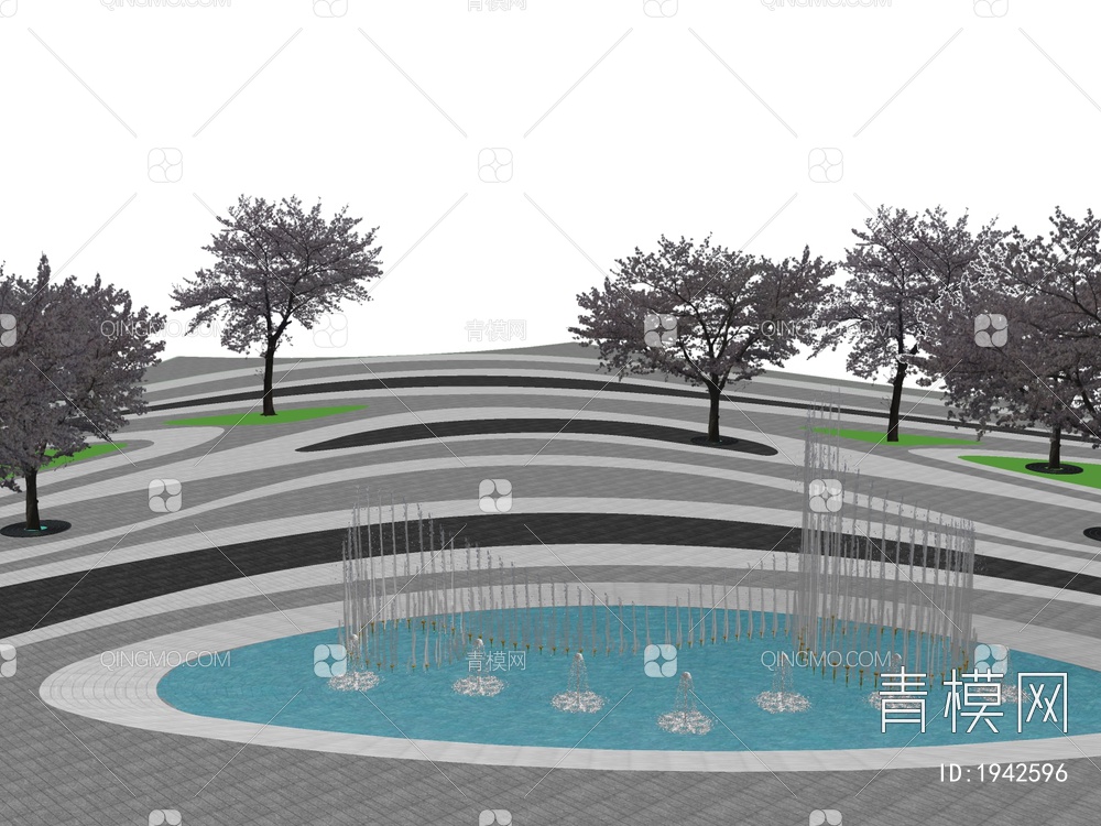 商业广场水景喷泉 互动旱喷SU模型下载【ID:1942596】