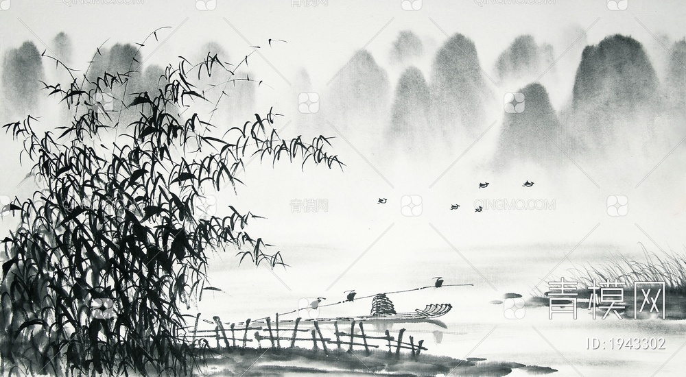 中式山水壁画，壁纸贴图下载【ID:1943302】