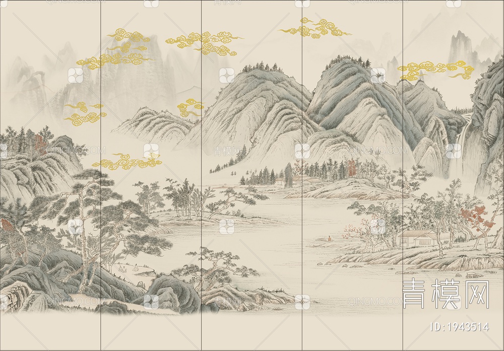 中式山水壁画，壁纸贴图下载【ID:1943514】