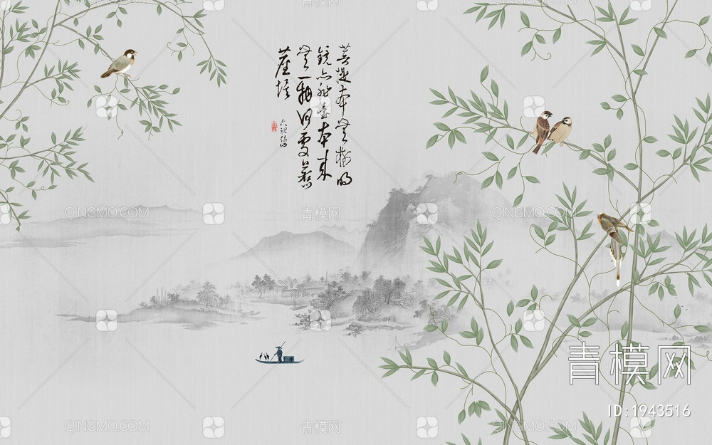 中式山水壁画，壁纸贴图下载【ID:1943516】