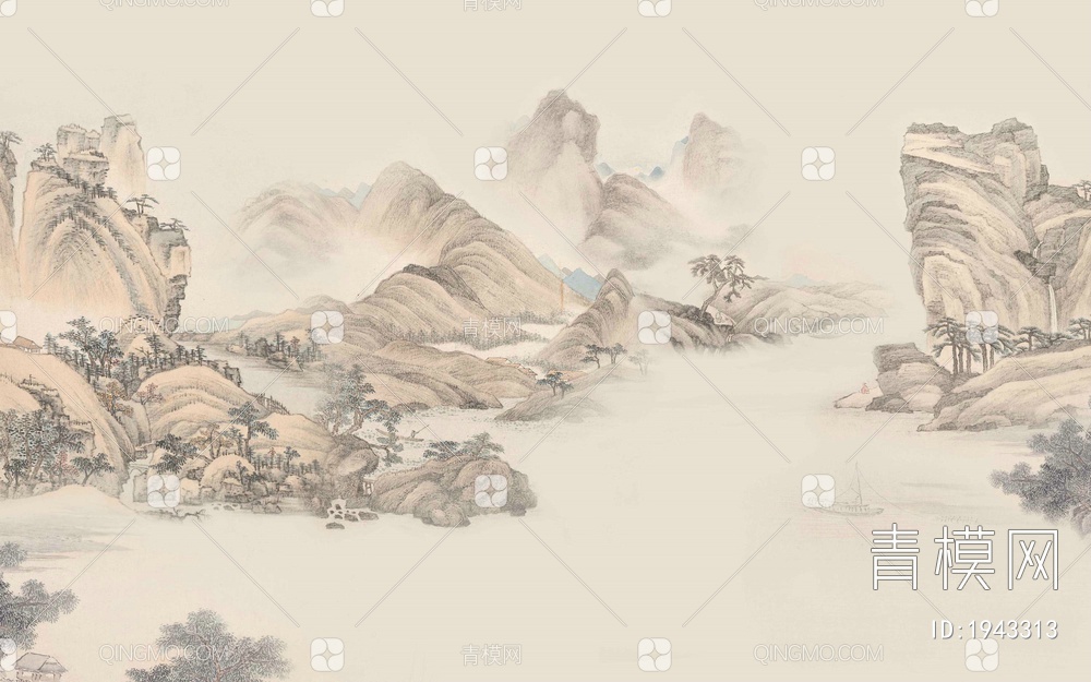 中式山水壁画，壁纸贴图下载【ID:1943313】