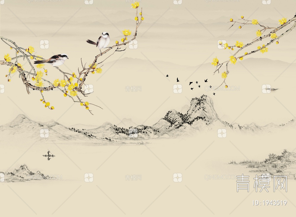 中式山水壁画，壁纸贴图下载【ID:1943519】