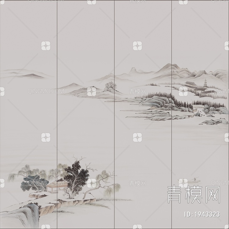 中式山水壁画，壁纸贴图下载【ID:1943323】