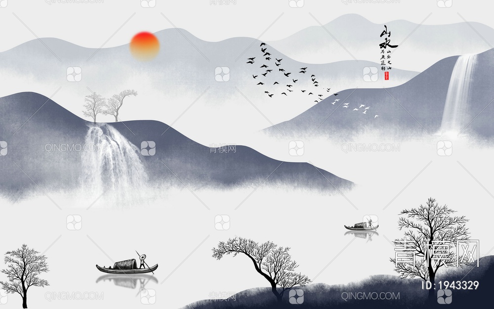 中式山水壁画，壁纸贴图下载【ID:1943329】