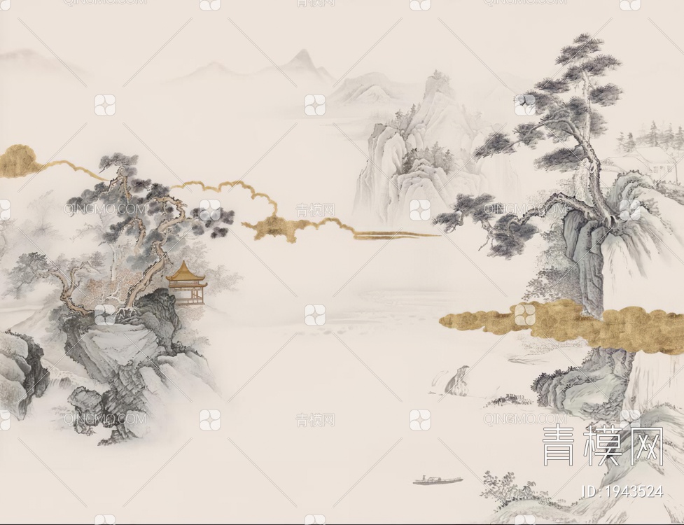 中式山水壁画，壁纸贴图下载【ID:1943524】