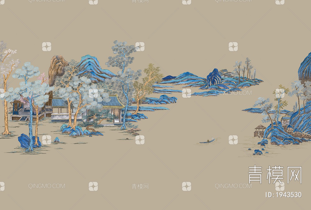 中式山水壁画，壁纸贴图下载【ID:1943530】