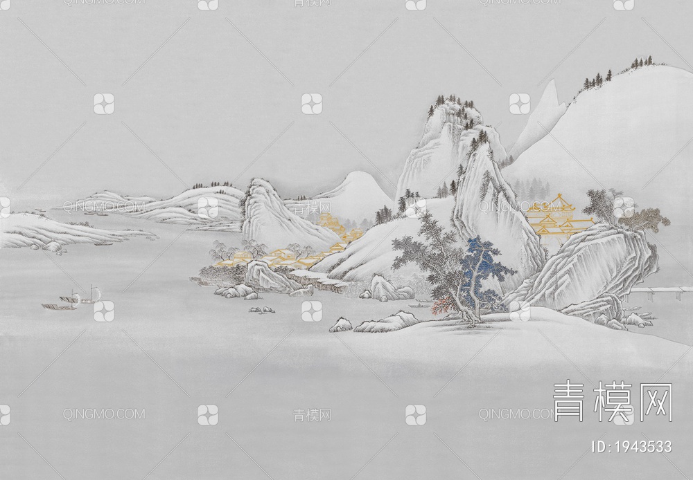 中式山水壁画，壁纸贴图下载【ID:1943533】
