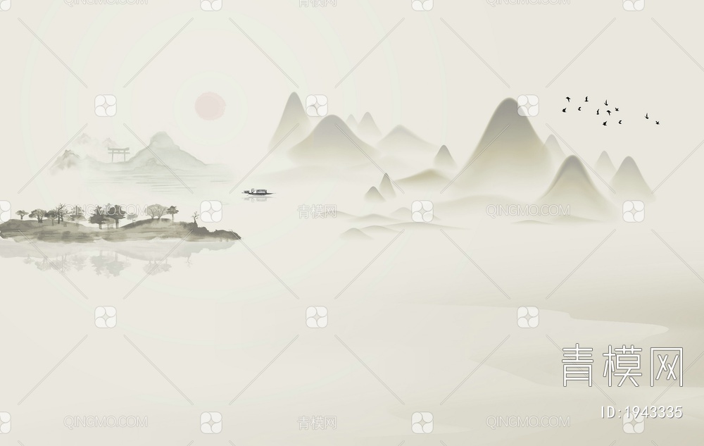 中式山水壁画，壁纸贴图下载【ID:1943335】