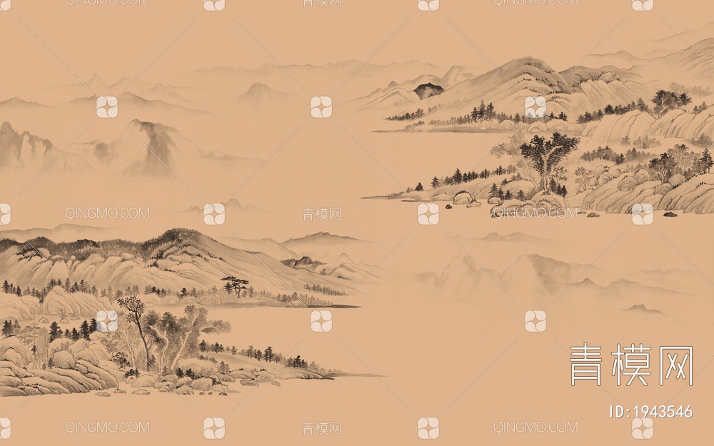 中式山水壁画，壁纸贴图下载【ID:1943546】