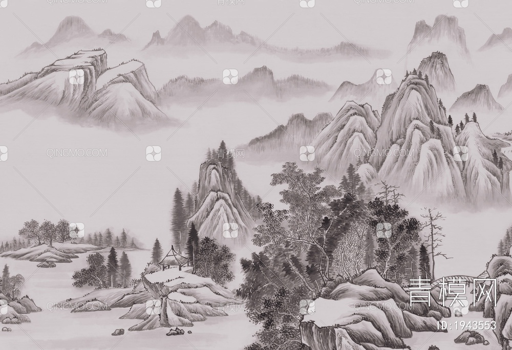 中式山水壁画，壁纸贴图下载【ID:1943553】