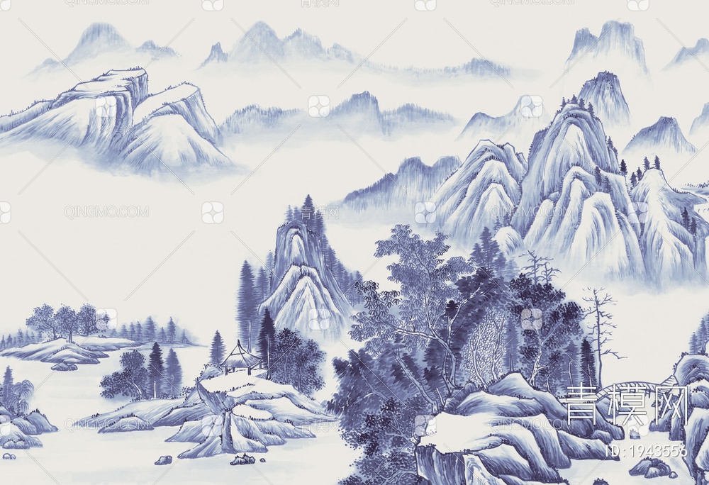 中式山水壁画，壁纸贴图下载【ID:1943556】