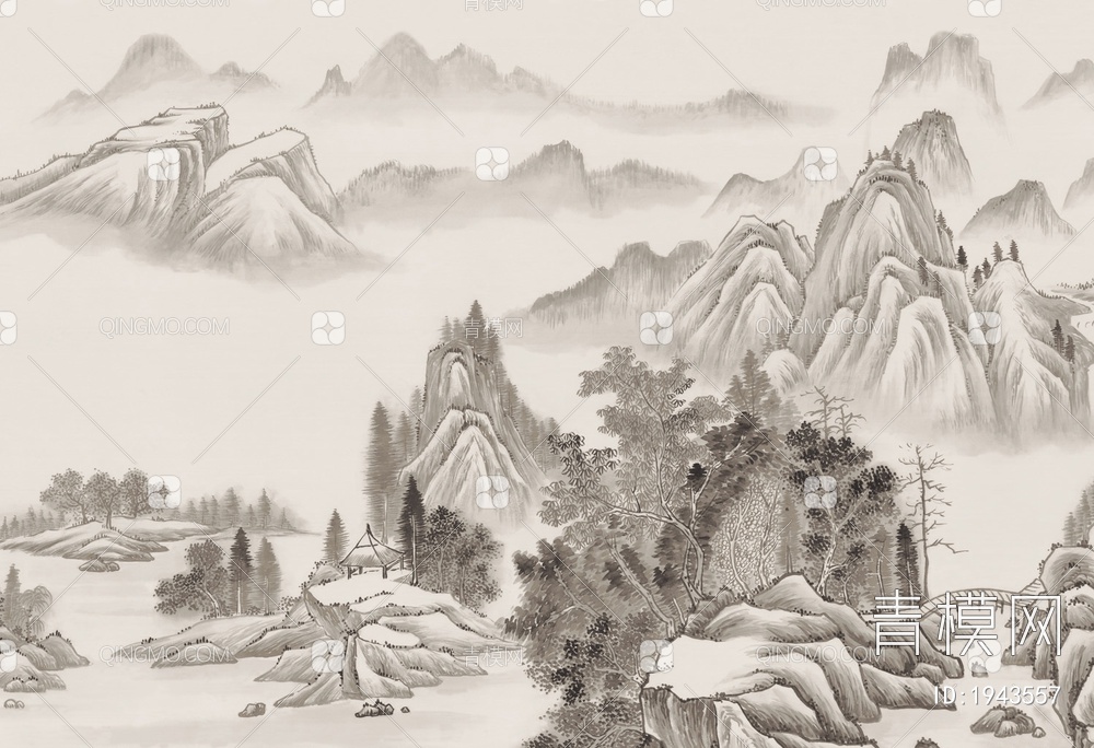 中式山水壁画，壁纸贴图下载【ID:1943557】