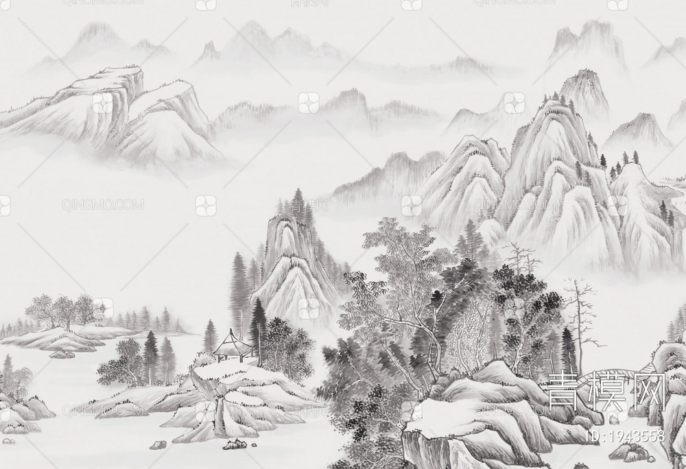 中式山水壁画，壁纸贴图下载【ID:1943558】