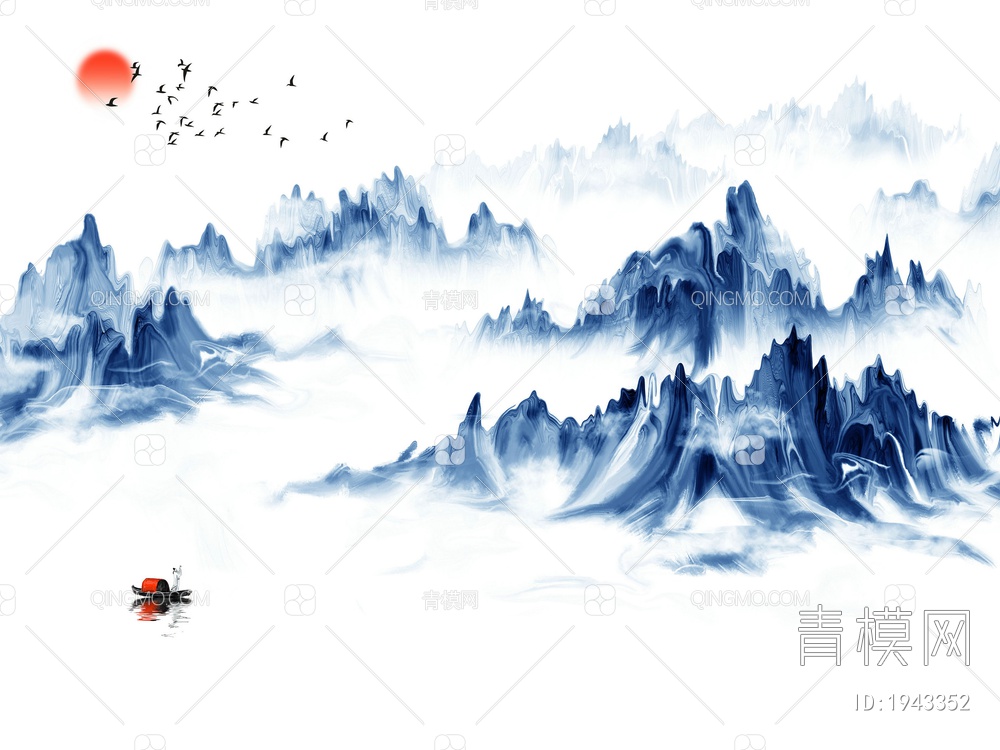 中式山水壁画，壁纸贴图下载【ID:1943352】