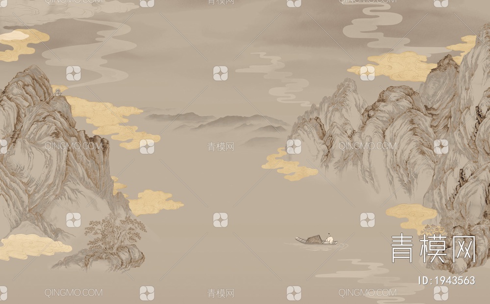 中式山水壁画，壁纸贴图下载【ID:1943563】