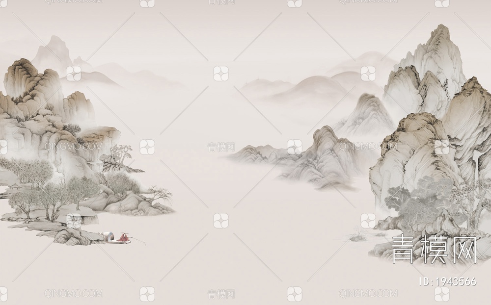 中式山水壁画，壁纸贴图下载【ID:1943566】
