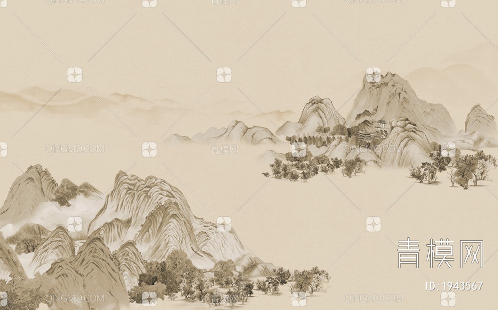 中式山水壁画，壁纸贴图下载【ID:1943567】
