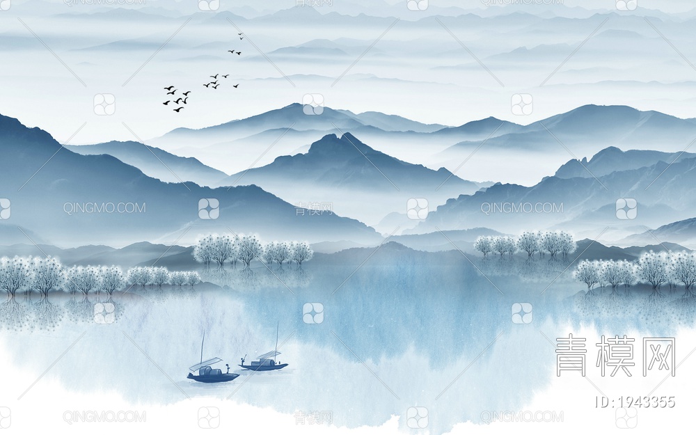 中式山水壁画，壁纸贴图下载【ID:1943355】