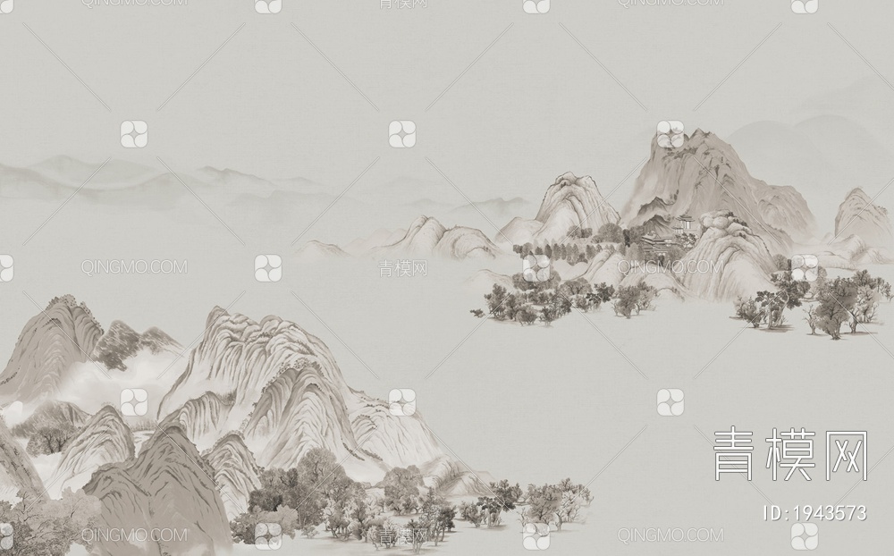 中式山水壁画，壁纸贴图下载【ID:1943573】