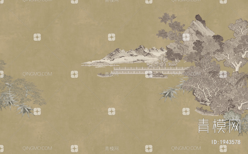 中式山水壁画，壁纸贴图下载【ID:1943578】
