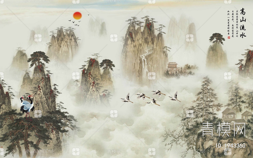 中式山水壁画，壁纸贴图下载【ID:1943360】