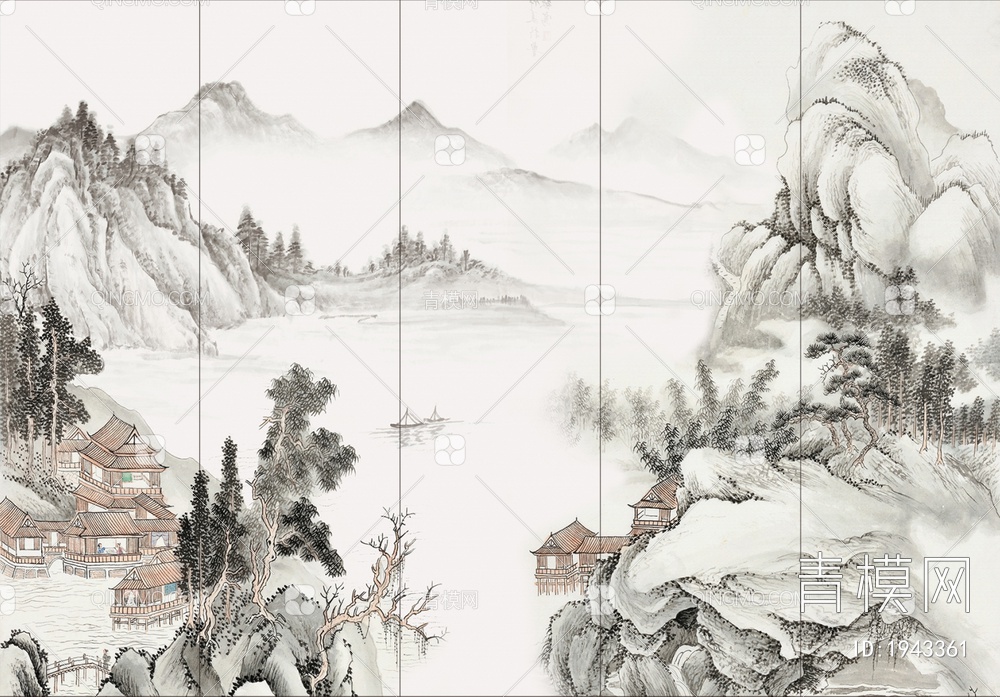 中式山水壁画，壁纸贴图下载【ID:1943361】