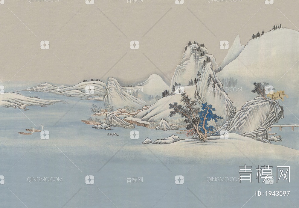 中式山水壁画，壁纸贴图下载【ID:1943597】