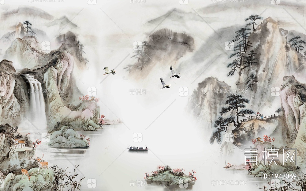 中式山水壁画，壁纸贴图下载【ID:1943369】