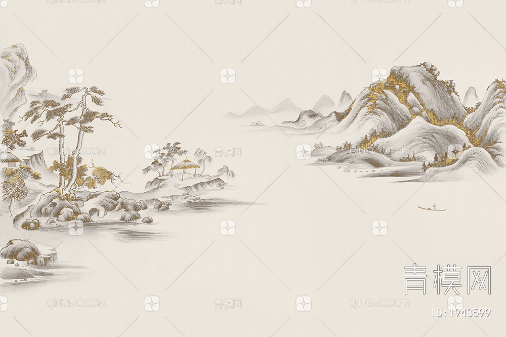 中式山水壁画，壁纸贴图下载【ID:1943599】