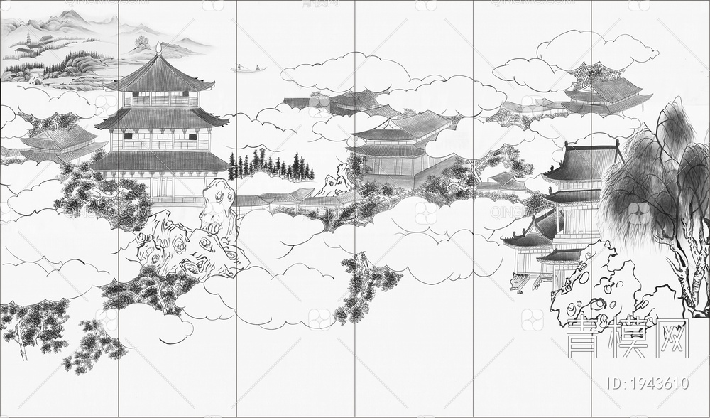 中式山水壁画，壁纸贴图下载【ID:1943610】
