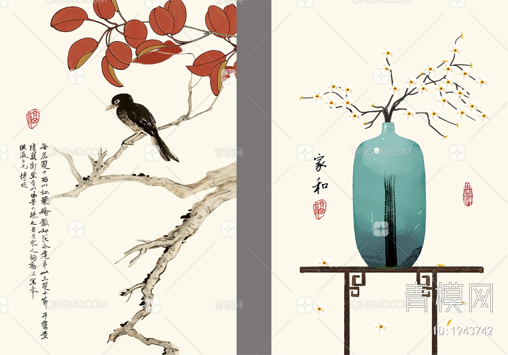 新中式花鸟挂画贴图贴图下载【ID:1943742】