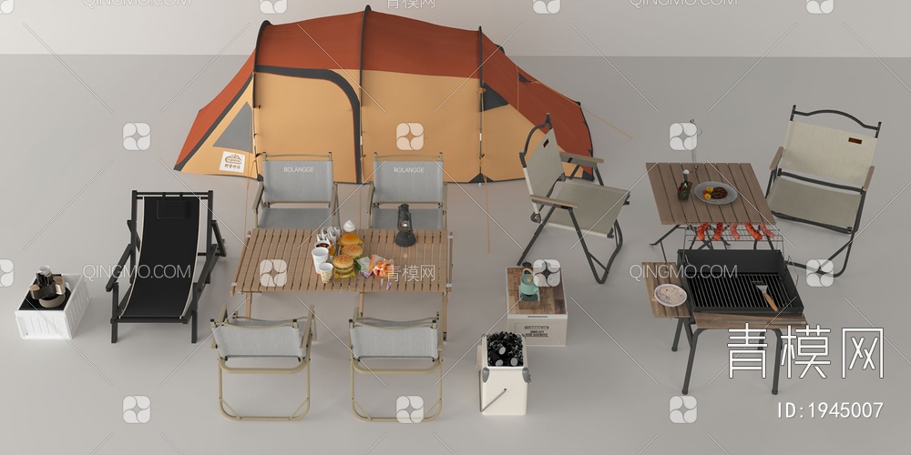 帐篷 露营桌椅 躺椅 烧烤架3D模型下载【ID:1945007】