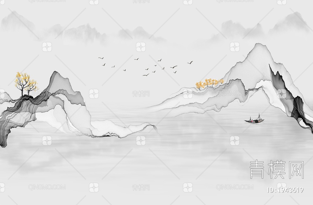 中式山水壁画，壁纸贴图下载【ID:1943619】