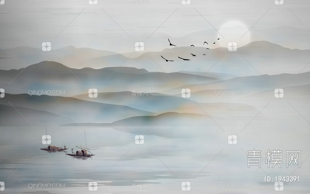 中式山水壁画，壁纸贴图下载【ID:1943391】
