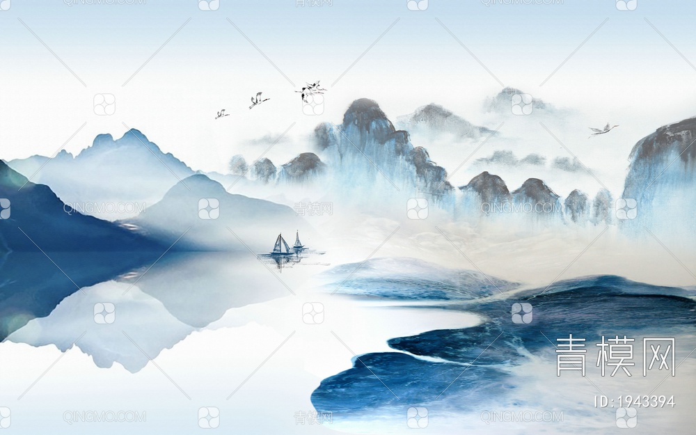 中式山水壁画，壁纸贴图下载【ID:1943394】