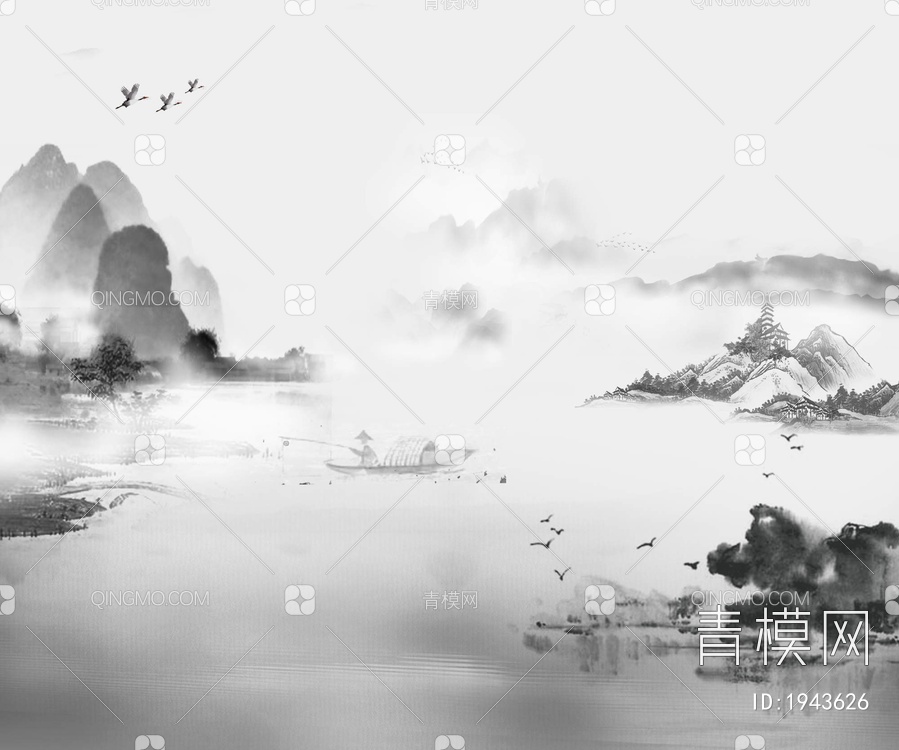中式山水壁画，壁纸贴图下载【ID:1943626】