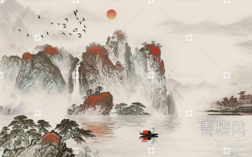 中式山水壁画，壁纸贴图下载【ID:1943398】