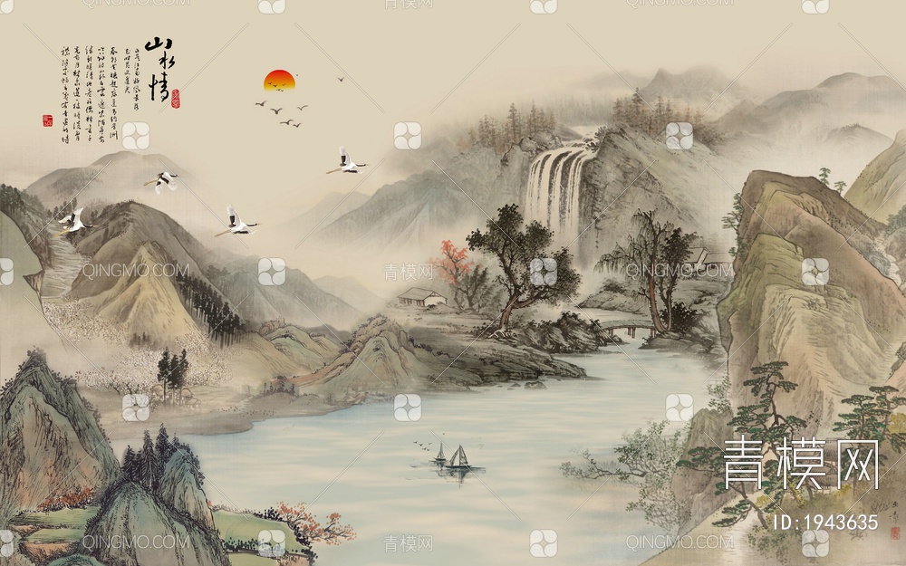 中式山水壁画，壁纸贴图下载【ID:1943635】