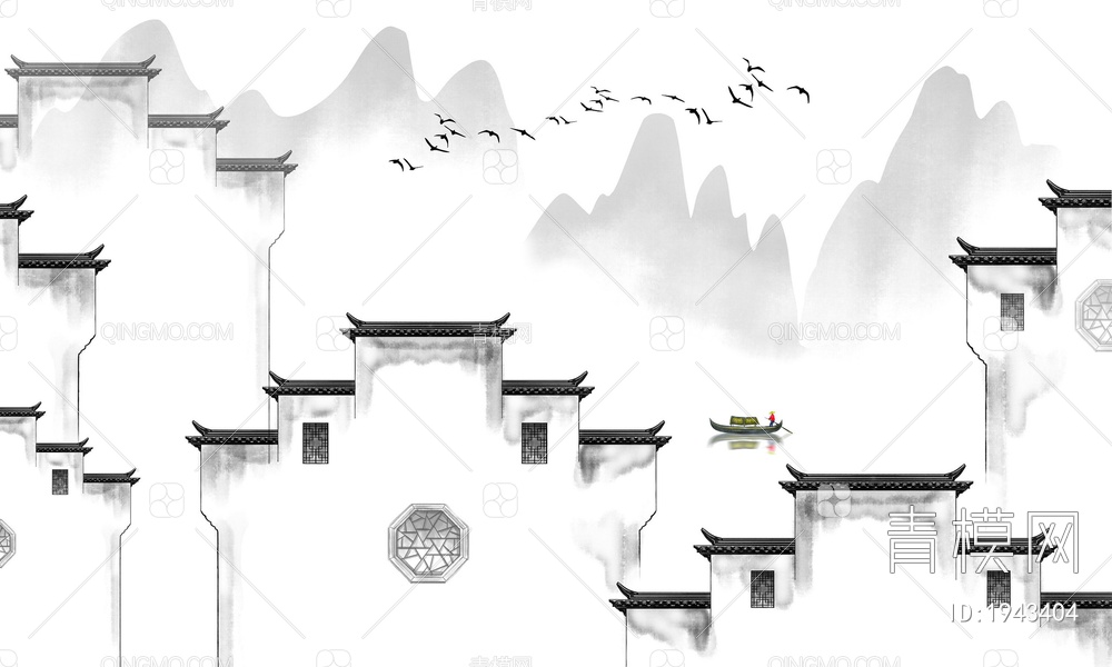 中式山水壁画，壁纸 ，徽派建筑壁纸贴图下载【ID:1943404】