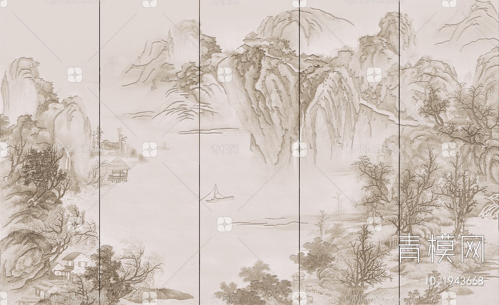 中式山水壁画，壁纸贴图下载【ID:1943668】
