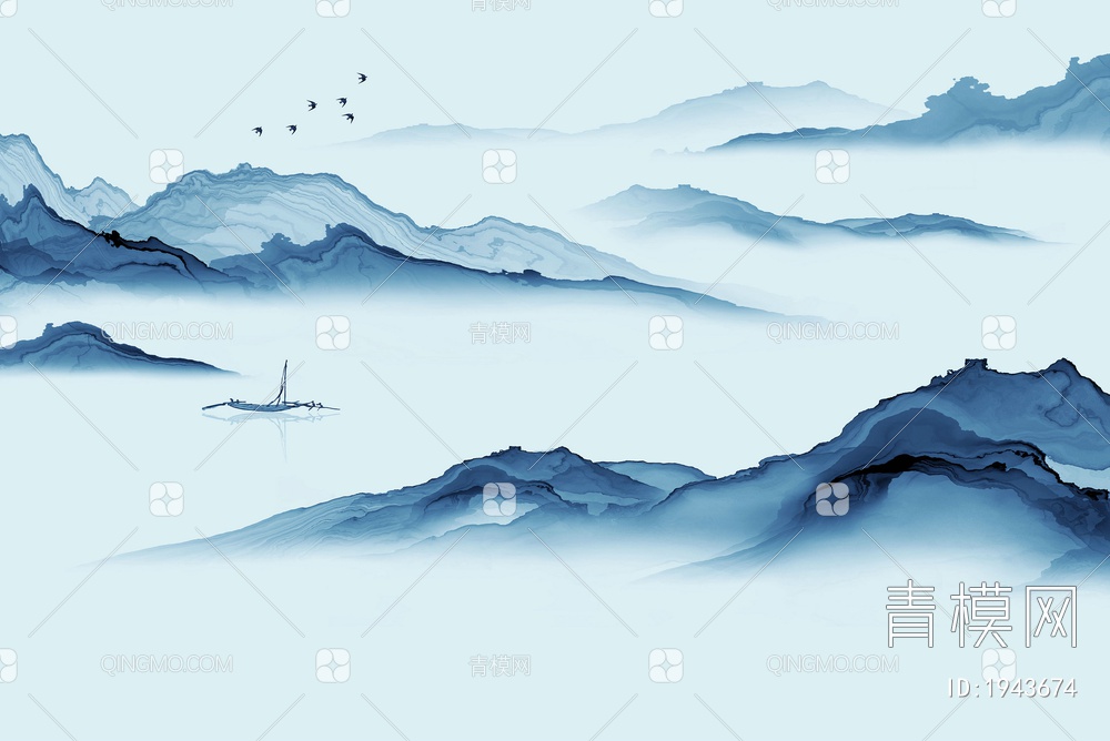 中式山水壁画，壁纸贴图下载【ID:1943674】