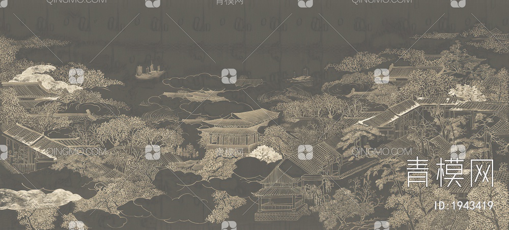 中式山水壁画，壁纸贴图下载【ID:1943419】