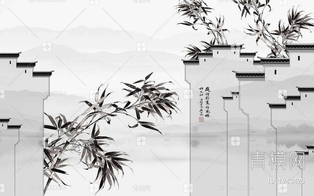 中式山水壁画，壁纸 徽派建筑壁纸贴图下载【ID:1943425】