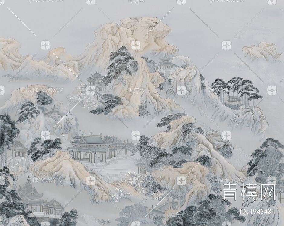中式山水壁画，壁纸贴图下载【ID:1943431】