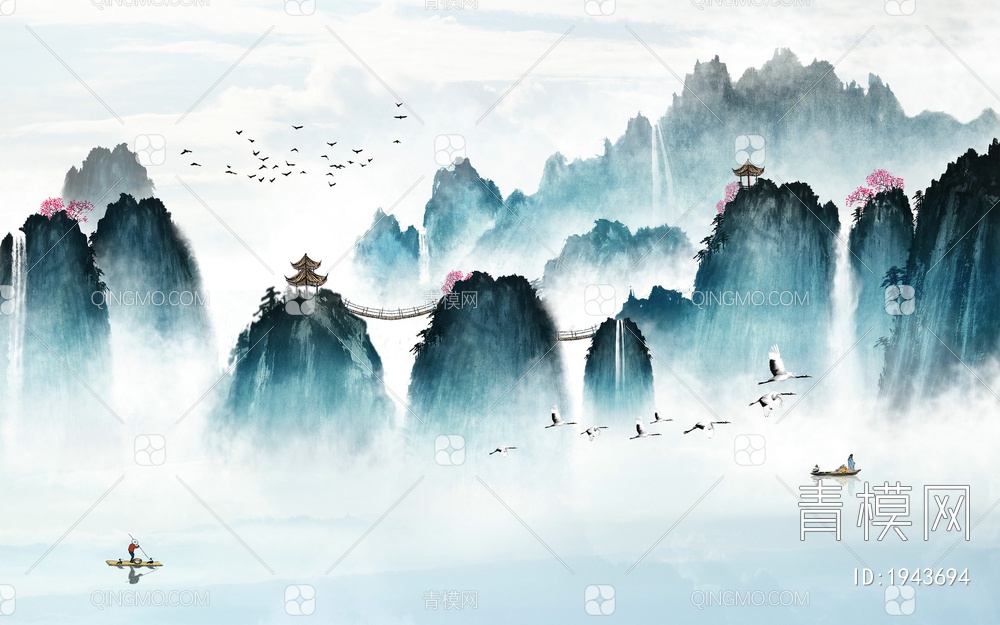中式山水壁画，壁纸贴图下载【ID:1943694】